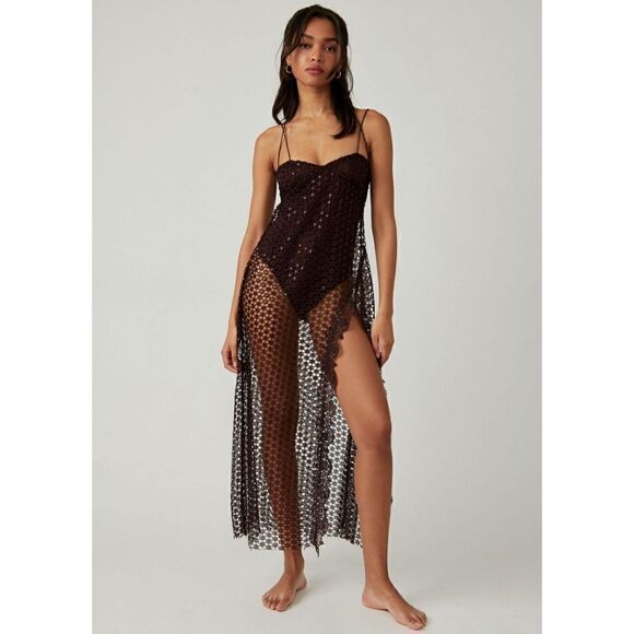 NWT Free People X Intimately FP Smoke & Mirrors Rhinestone Overlay Bodysuit Slip - Picture 1 of 16